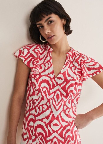 Phase Eight Dalia Ikat Ruffle Shirts Red/White Canada | YDAMTH-412